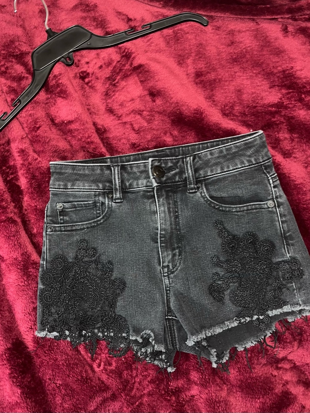 American Eagle Outfitters Black Lace-Appliqué Denim Shorts